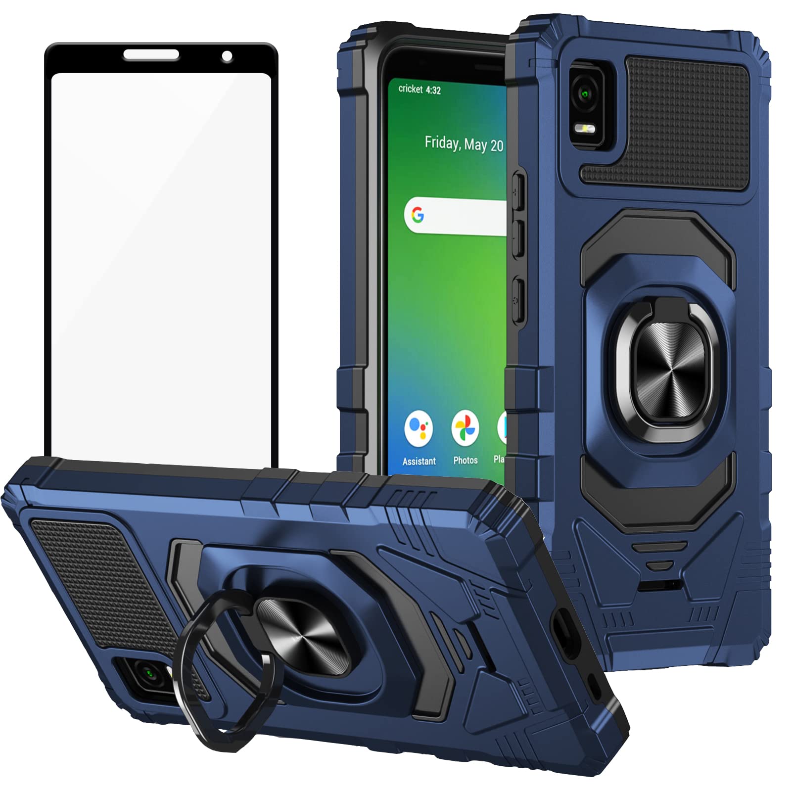 Ailiber for TCL ION Z Phone Case, Cricket TCL IONZ Case with Screen Protector, Ring Kickstand for Magnetic Car Mount, Military Grade, Heavy Duty Shockproof Protective Phone Cover for TCL ION Z-Blue