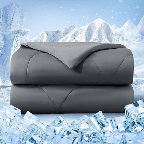 bedsmile Cooling Comforter Queen Size, Double-Sided Cold Tech Fabric Quilted Bed Comforters Cooling Blanket for Hot Sleepers, Breathable Lightweight Summer Bedding, All-Season Ice Blanket, Dark Gray