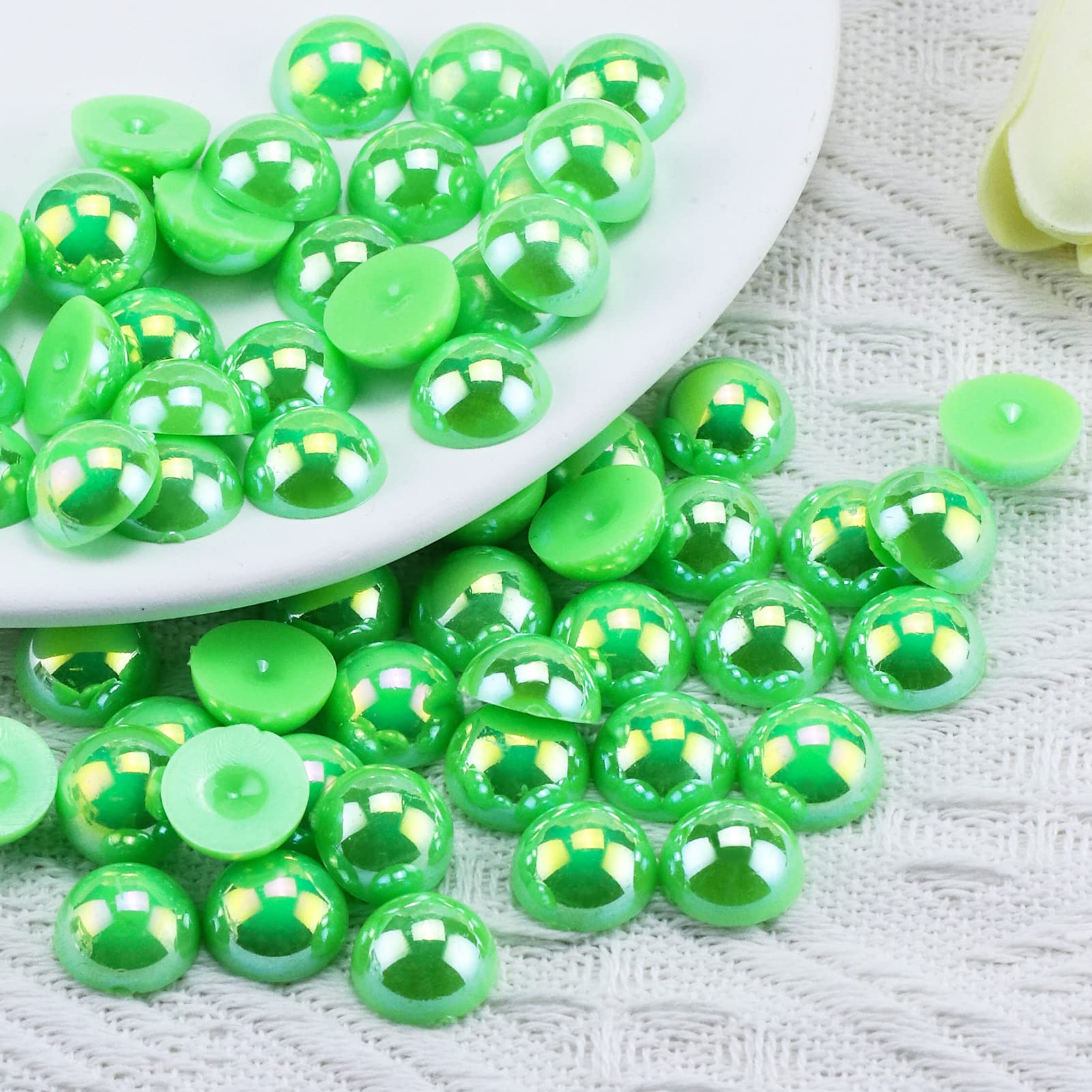 Briskbloom 150PCS 14mm Flatback Half Pearls for Crafts Jewelry Scrapbooking Embellishement, Flatback Pearls for Crocs Shoes Clothes, Imitation Loose Pearl Beads (Neon Green)