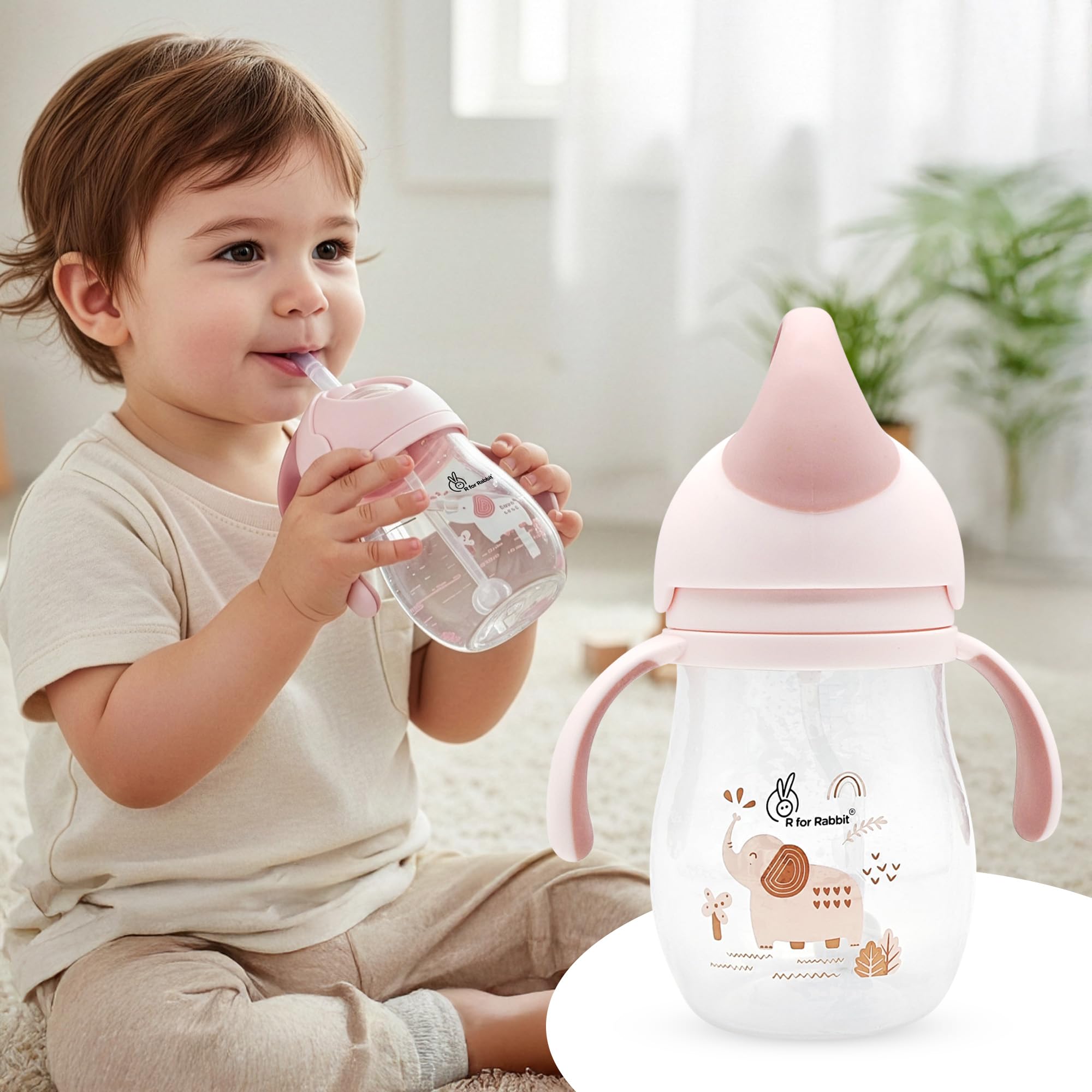 R for Rabbit Trunky Premium Baby Straw Sipper with Anti Gravity Ball | Zero Spill Sippy Cup with Soft Silicone Straw BPA Free & Non Toxic Leak Proof for Kids 9+ Months - (320 ml, Peach Pink)-picture-10