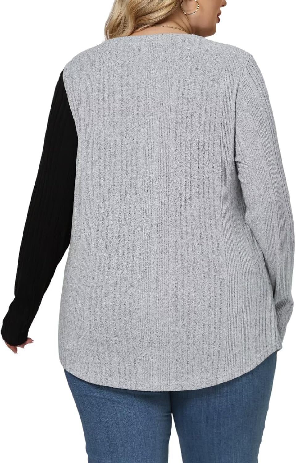 VISLILY Womens-Plus-Size-Long-Sleeve-Tops Color Block Lightweight Sweaters Casual Crewneck Shirts Button Decor Tunics Blouses - Image 4