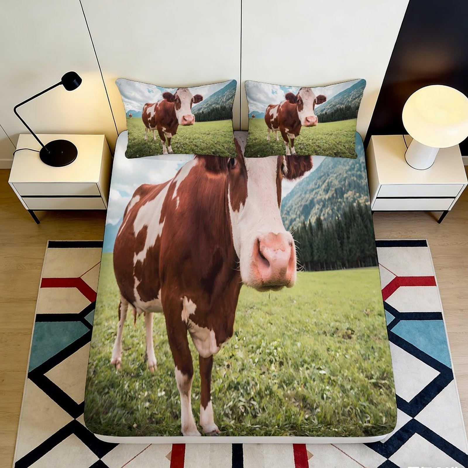 3D Printed Cow Meadow Fitted Sheet Microfiber Soft Animal Pasture Bed Cover for Bedroom Guest Room Decor 90x200x25cm