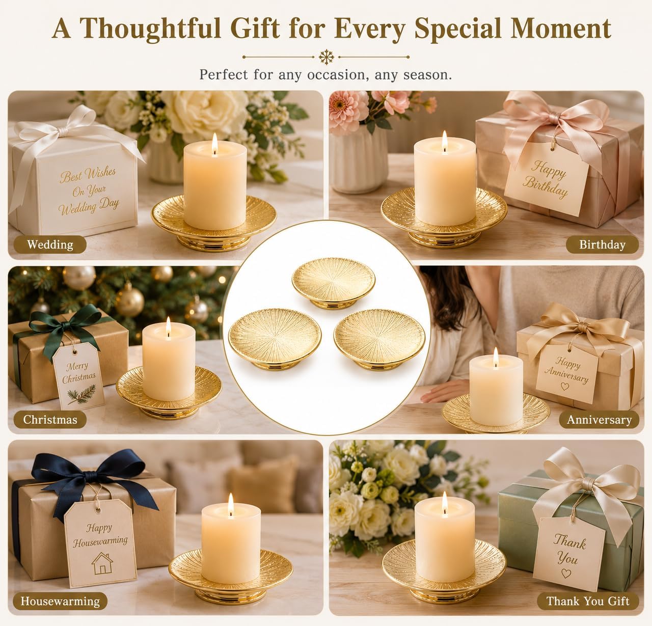 Gold Ceramic Jewelry Dish & Candle Plate Set of 3, 5 Inch Trinket Tray and Ring Holder, Decorative Catchall Vanity Tray for Jewelry, Keys and Candles, Gifts for Women