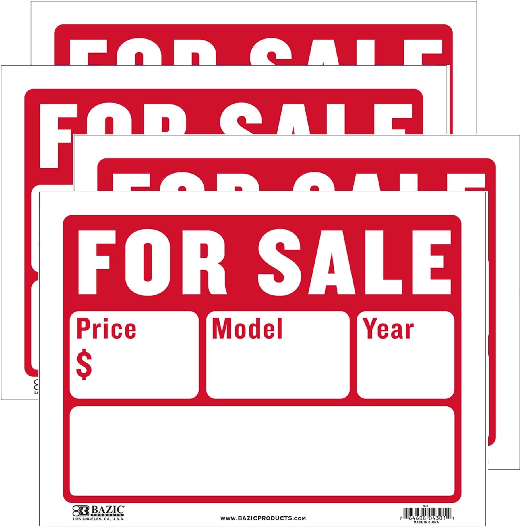 BAZIC Products For Sale Sign Car Auto Sales 9"X12" (2-Line), Model Year Phone Number, Cars Trucks Indoor Signage, High Visibility Signs, 4-Pack