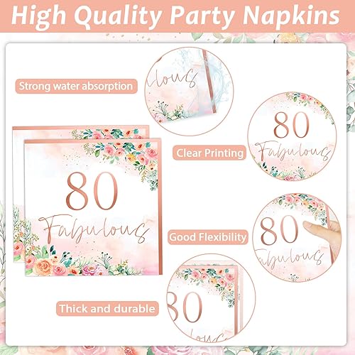 Miniatura 4 de OBUSATT 96 piezas florales de 80 fabulosos suministros de fiesta de cumpleaños número 80 platos de papel, servilletas, decoraciones de fiesta de oro