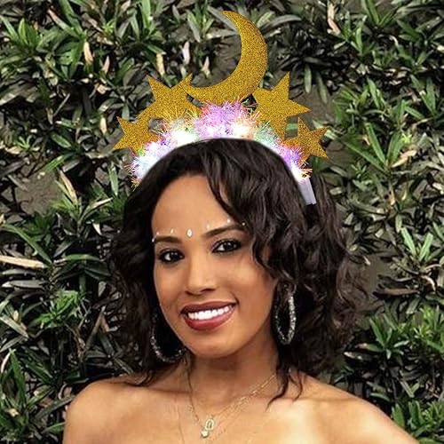 Miniatura 6 de Diadema de estrella iluminada, luna, estrellas, diadema celestial, diadema de oropel para fiesta de disfraces, accesorios para el cabello (B-dorado)