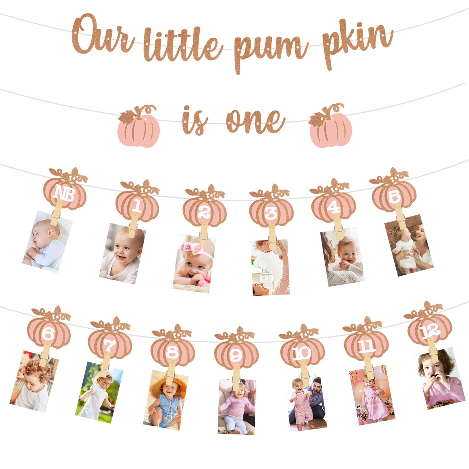 Our Little Pumpkin Is One Photo Banner Rose Gold Glitter Pumpkin Monthly Photo Garland 12 Months Baby Milestone Picture Banner for Fall Pumpkin 1st Birthday Party Decor