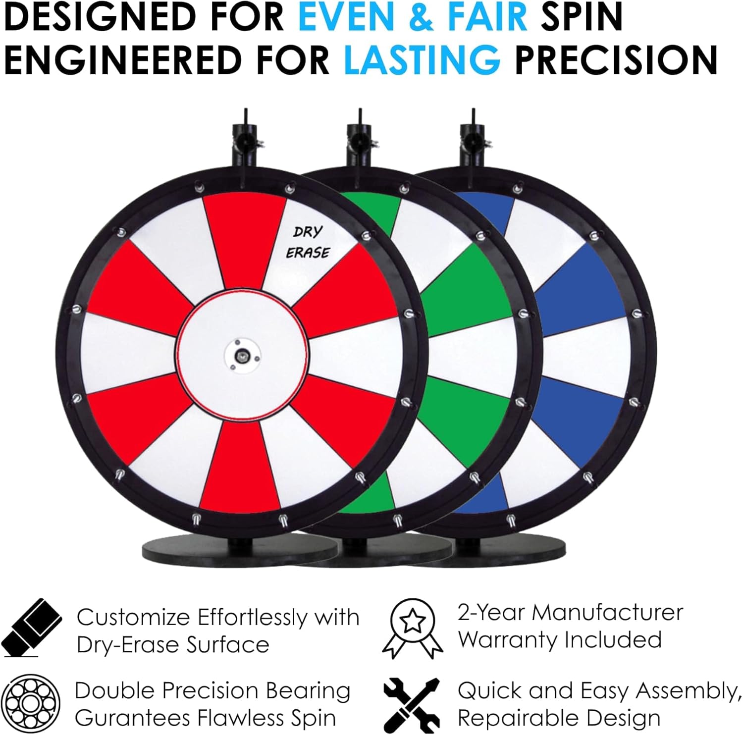 Dual and Triple Color Tabletop Dry Erase Prize Wheel – 18 Inch Desktop Spinning Wheel, Durable Wood, Balanced for Fair Odds, Trade Show Booth Raffle, Fundraiser, Baby Shower (Red and Blue, 18")
