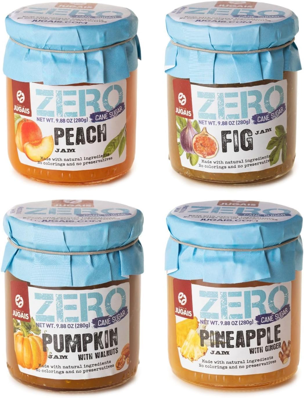 Auswahl an Marmeladen ohne Zuckerzusatz: 4er-Set à 280 g, Feige, Pfirsich, Ananas mit Ingwer, Kürbis mit Walnuss, natürlich gesüßt.