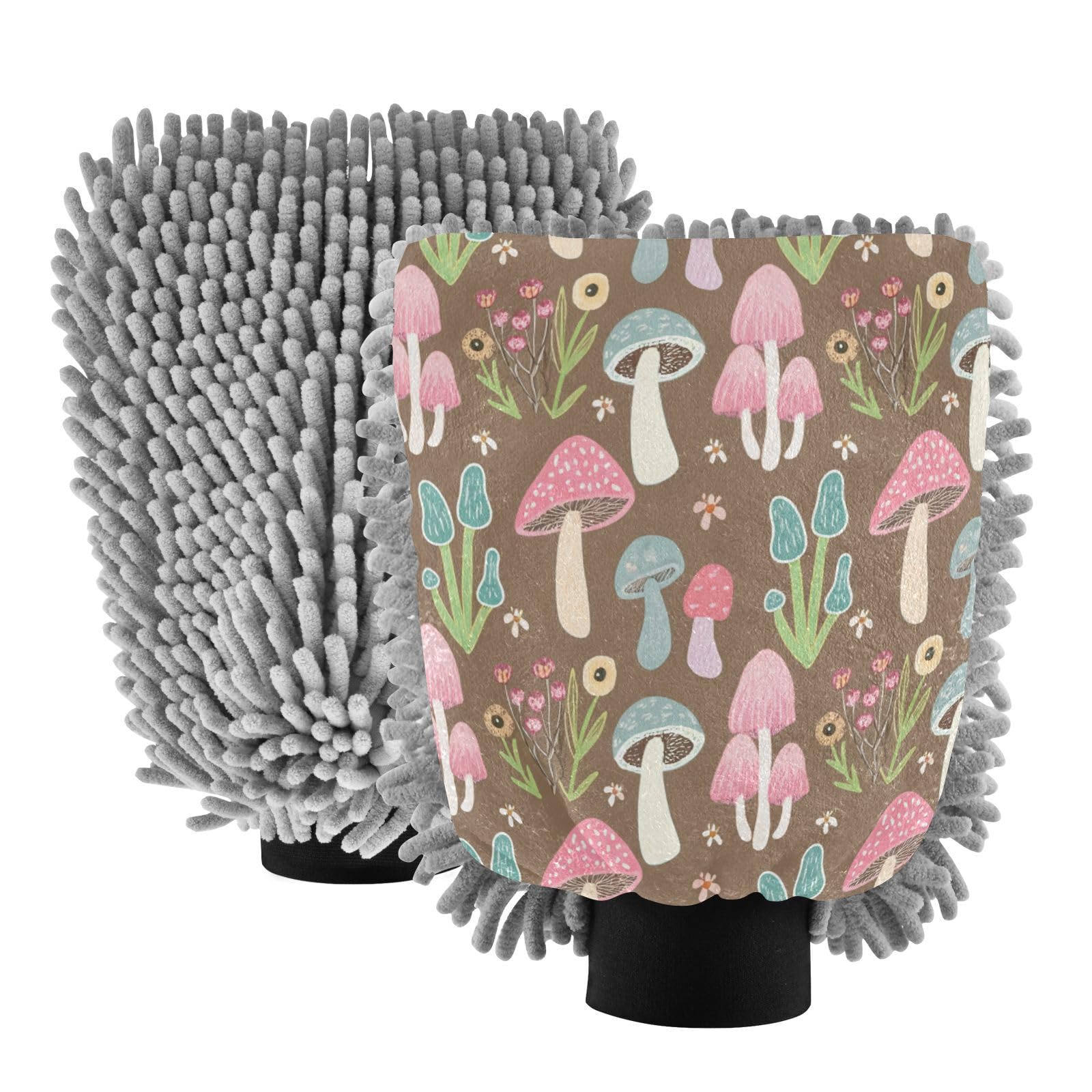 Kigai Cute Cartoon Mushrooms Car Wash Mitt Microfiber, 2Pcs Scratch Free Lint-Free, Premium Chenille Microfiber Mitt Car Wash Brush-L
