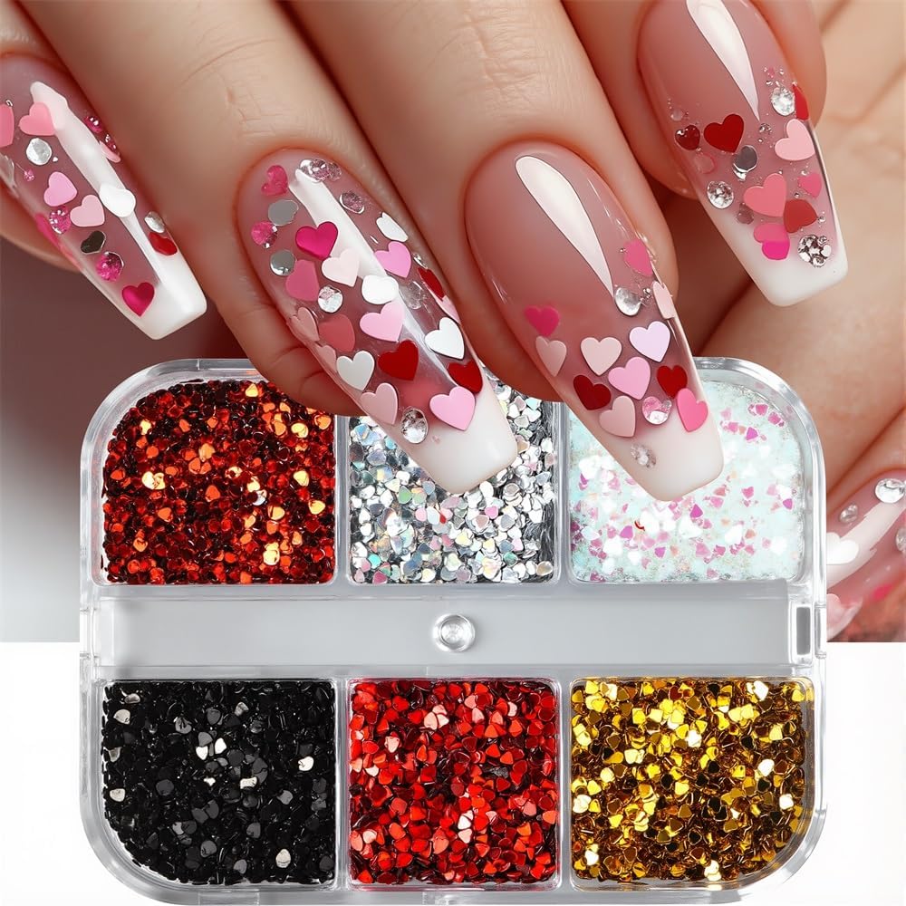 6 Grids Mini Heart Holographic Glitter for Nails Shiny Nail Glitter Hearts for Nails Design Laser Silver Gold Red Black White Hearts Glitters Valentines Nail Art Charms Cute Heart Sequins for Crafts