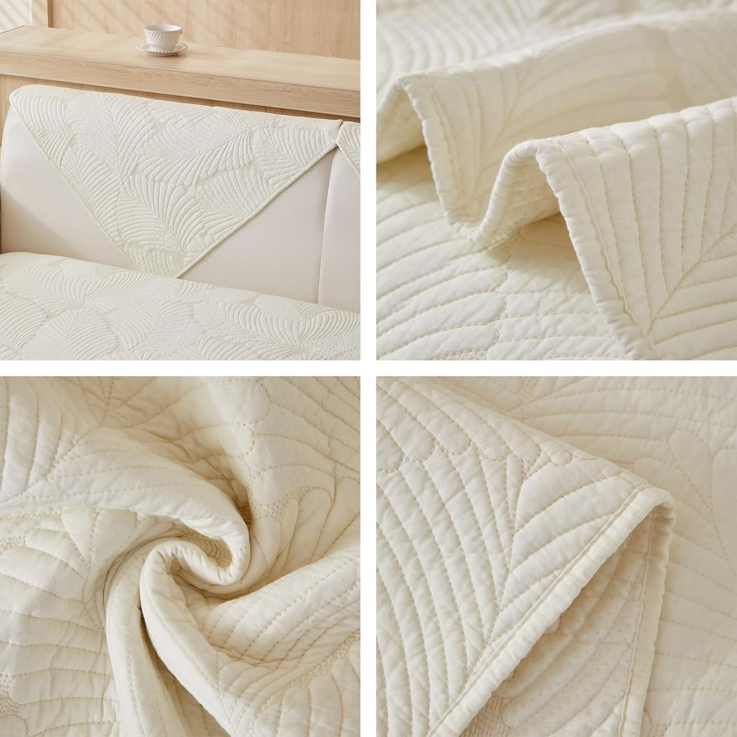 vCTops Soft Cotton Quilted Couch Cover Neutral Leaf Embroidery Sofa Cover Anti Slip Sectional Couch Washable Sofa Slipcover for Dogs, Children, Pets, Furniture Protector (Beige White, 43"x63")