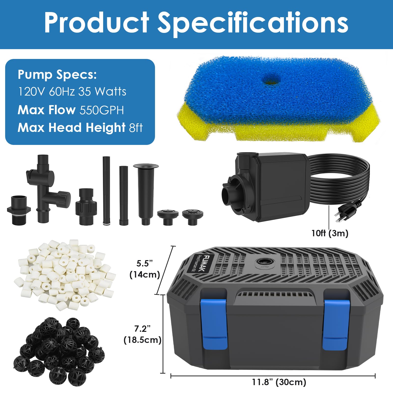 Kit filtro e fontana per laghetto con 3 teste di spruzzo, pompa per fontana per laghetto all-in-one da 550 GPH con filtraggio a 4 stadi, per giardino, giochi d'acqua, stagni per pesci Koi