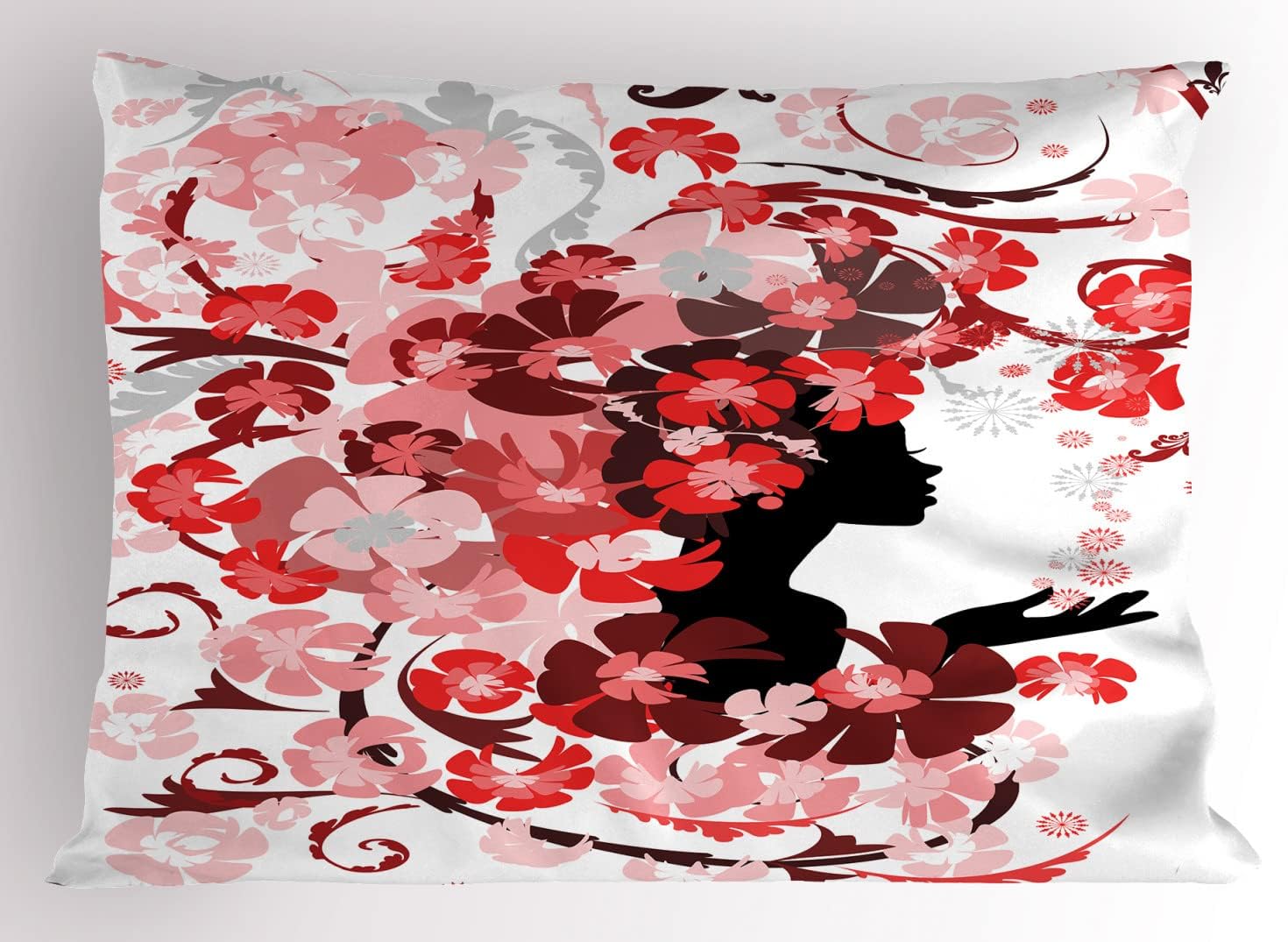 Ambesonne Femimine Pillow Sham Set of 2, Flower Girl Hair Long Swirling Pink Blossoms Hair Dressers Beauty Feminine, Quality Microfiber Bedding Item for All Seasons, 30" x 20", Black Pink and Red