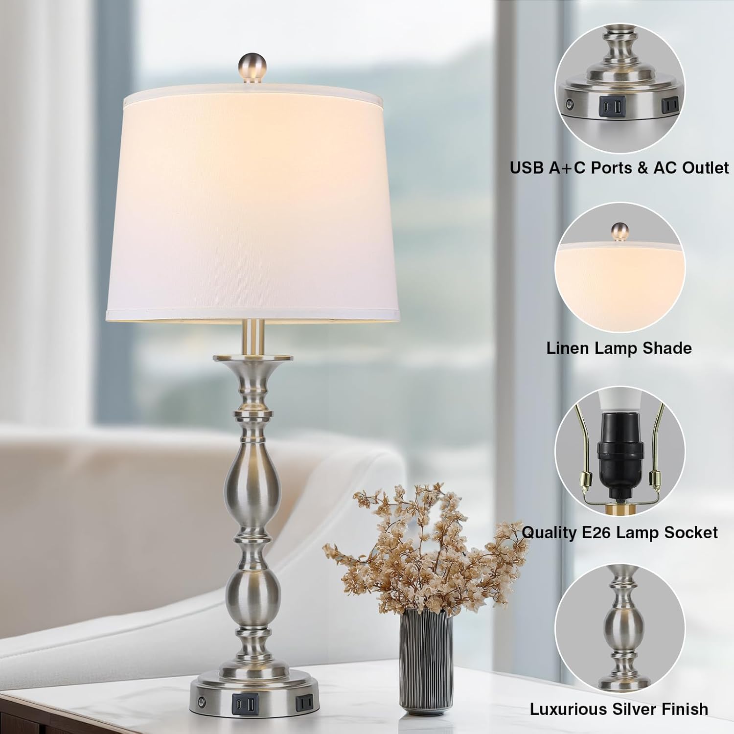 28" Tall Modern Table Lamp with USB A+C Ports and AC Outlet, 3 Way Touch Metal Bedside Lamps for Bedroom, Silver Farmhouse Nightstand Lamps for Living Room