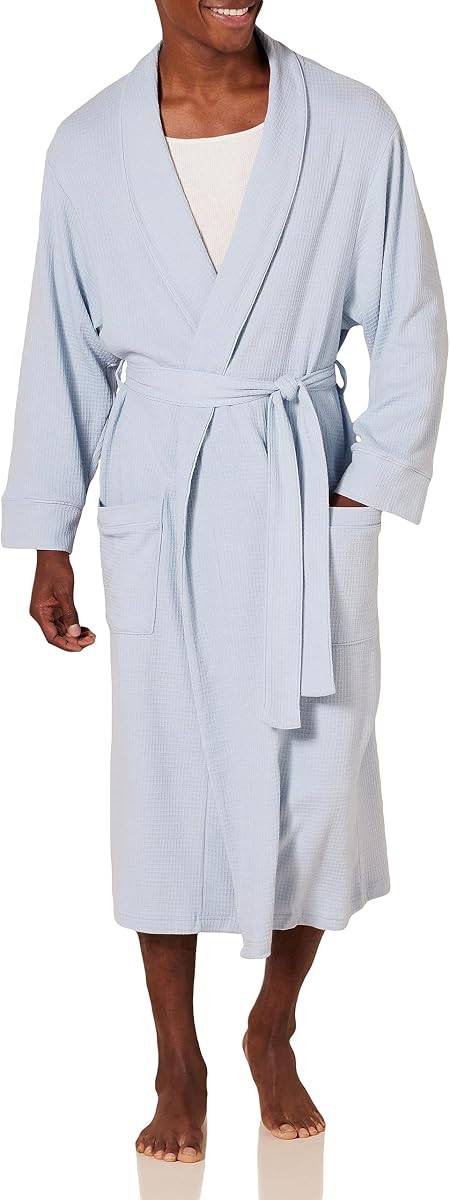 Amazon Essentials Albornoz tipo gofre de algodón ligero para hombre, ropa de estar por casa de longitud media (disponible en grande y alto)