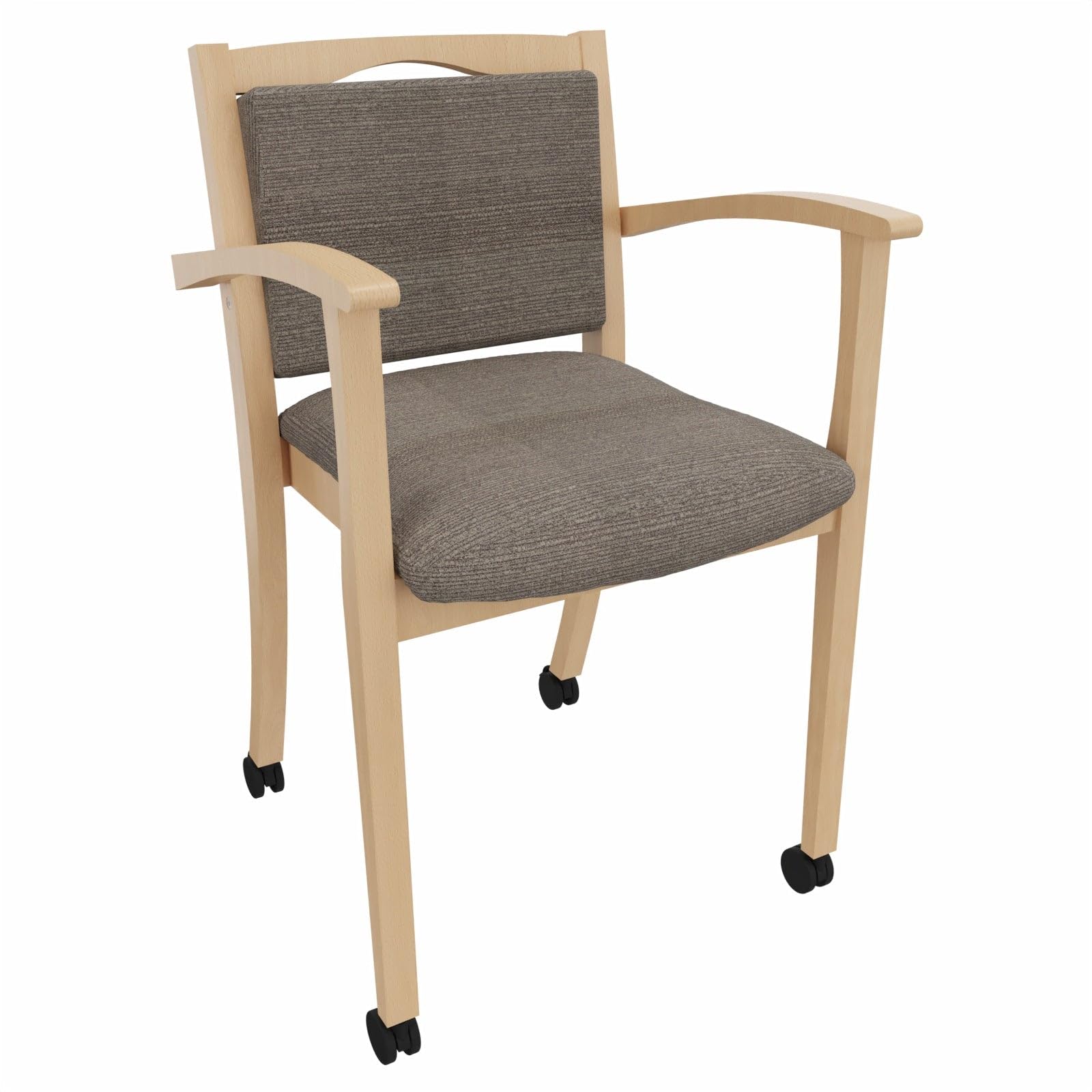 Alexander Blieskastel - Silla de aseo con reposabrazos y ruedas, de madera maciza, acolchada, ergonómica, estable, ya montada, con cadera (tejido Gomera marrón, altura del asiento de 58,5 cm)