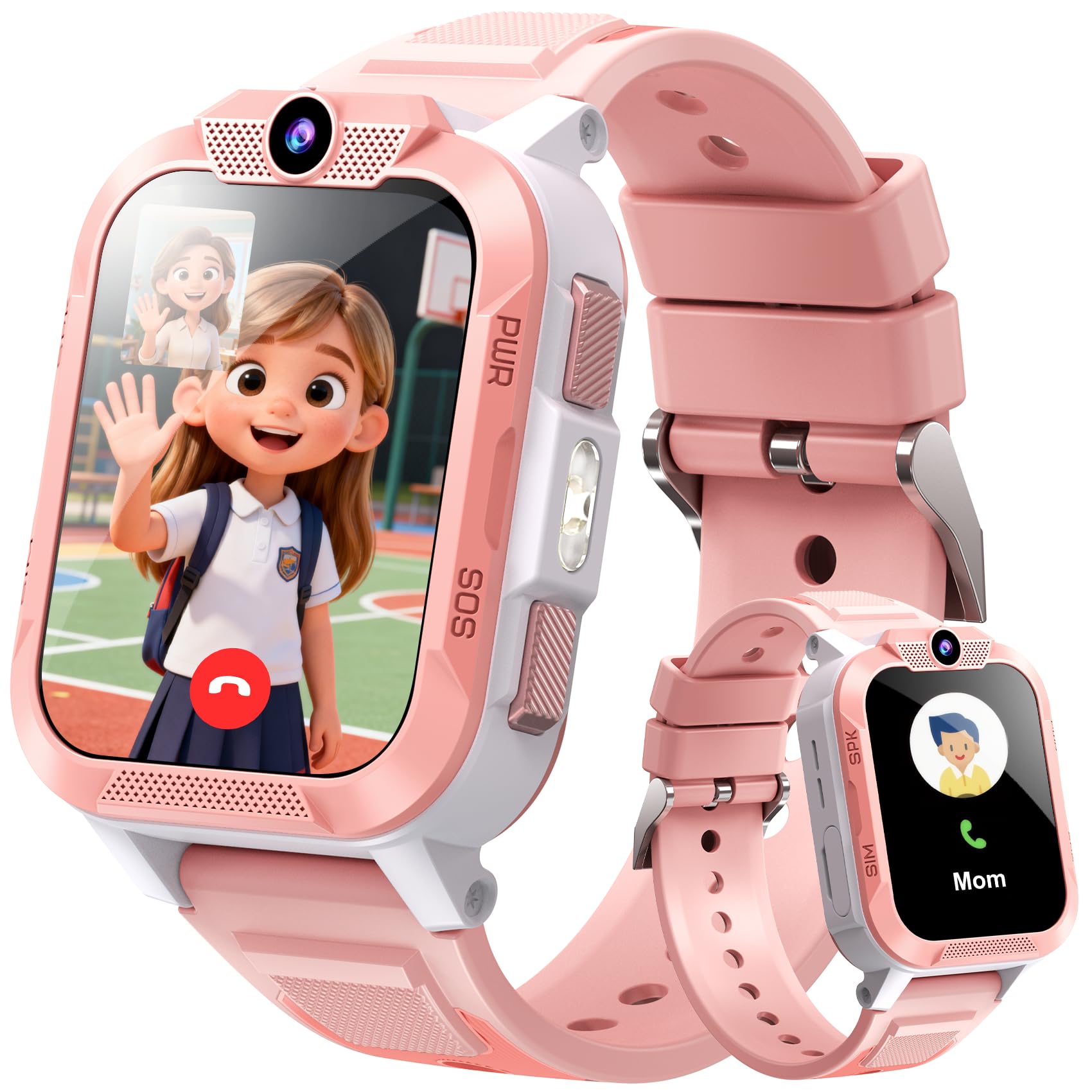 Blackview Montre Connectée Enfant 4G, Montre GPS Enfant avec Carte SIM, Appel Vidéo HD, Chat Vocal et SMS, Bouton SOS, Mode École, IP68 Étanche, Podomètre, Réveil, Cadeau Enfant Idéal, Rose poudré