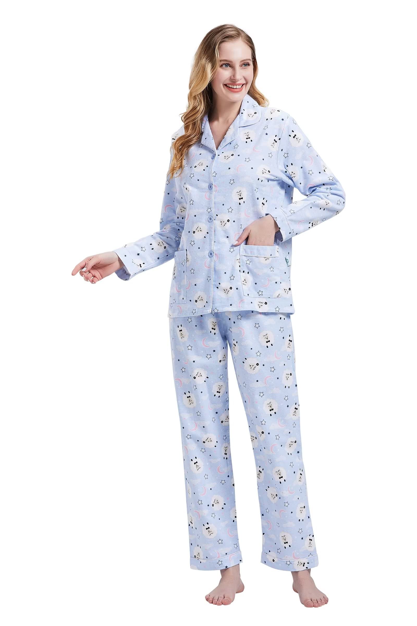 GLOBAL Women's Flannel Pajamas Set 100% Cotton PJs for Women Long Sleeve Button Drawstring Waist Warm Loungewear Sleepwear