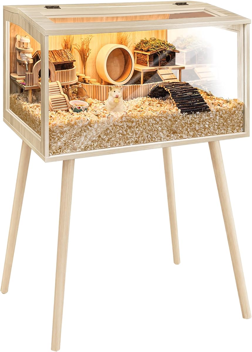 Jaula para hámster de madera a prueba de masticar, hábitat extra grande para ratones y ratas, parte superior que se puede abrir con láminas acrílicas, jaula para animales pequeños de construcción sólida con soportes para patas, 24 pulgadas de largo