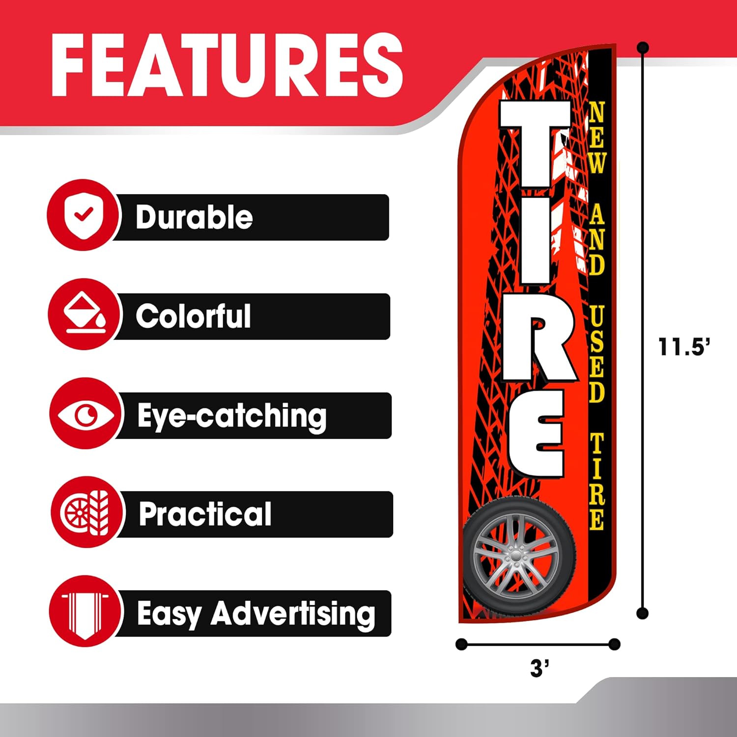 OnPoint Wares Tire Flag with Complete Hybrid Pole Set | 2.5 ft x 11.5 ft Heavy Duty Advertising for Tire Shops | Weatherproof Polyester Outdoor Business Sign | Single Flag