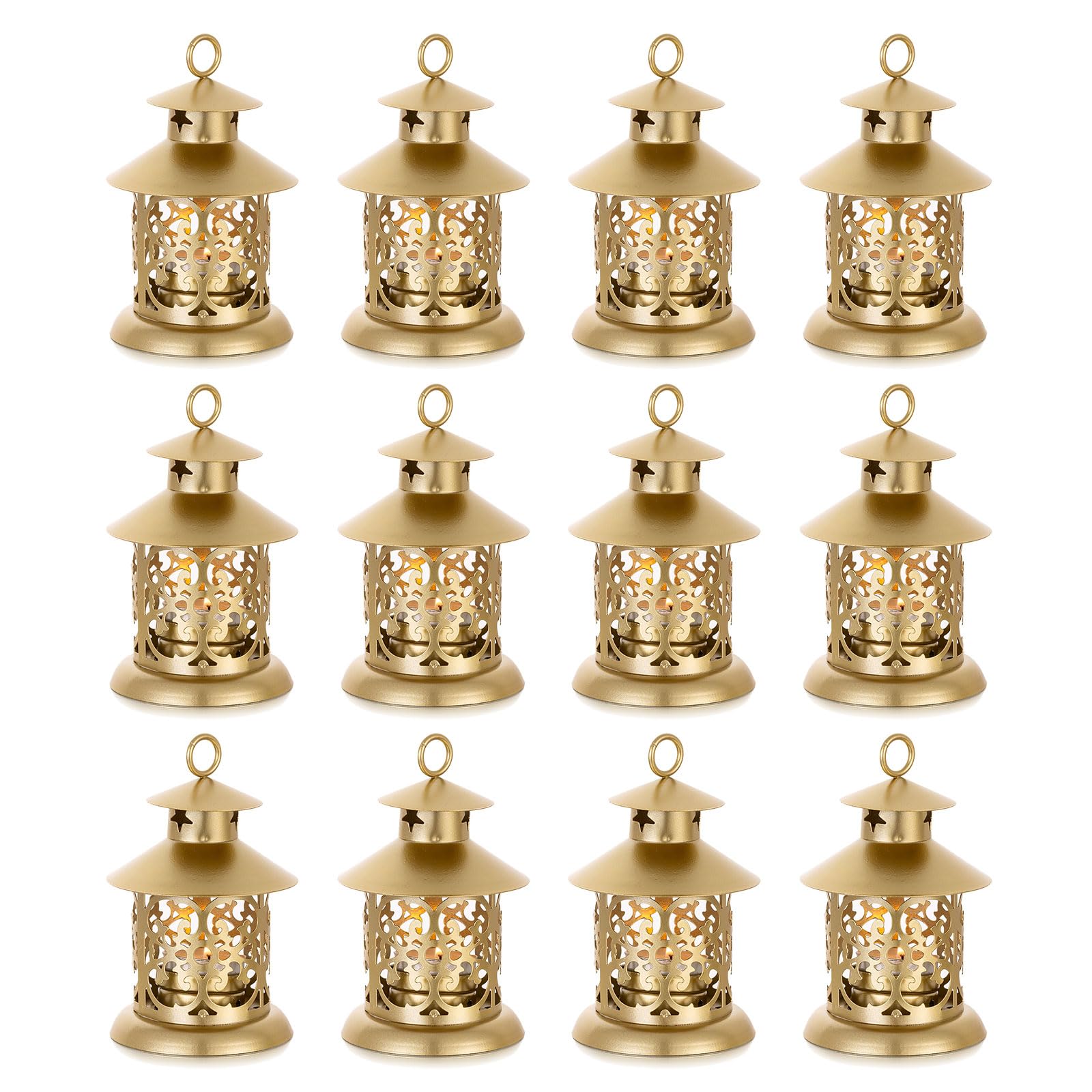 Romadedi Juego de 12 farolillos decorativos de color dorado, estilo vintage, velas de metal, pequeñas con grabado para velas, decoración de mesa, boda, Navidad, Ramadán, balcón, jardín, exterior