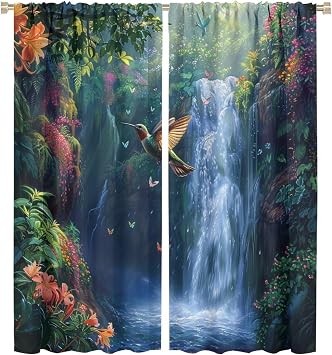 Spring Waterfall Hummingbird Blackout Curtains for Bedroom Living Room, Vibrant Bird Floral Leaf Forest Thermal Insulated Curtains Rod Pocket Window Drapes, 2 Panels/Each 21" W x 45" L