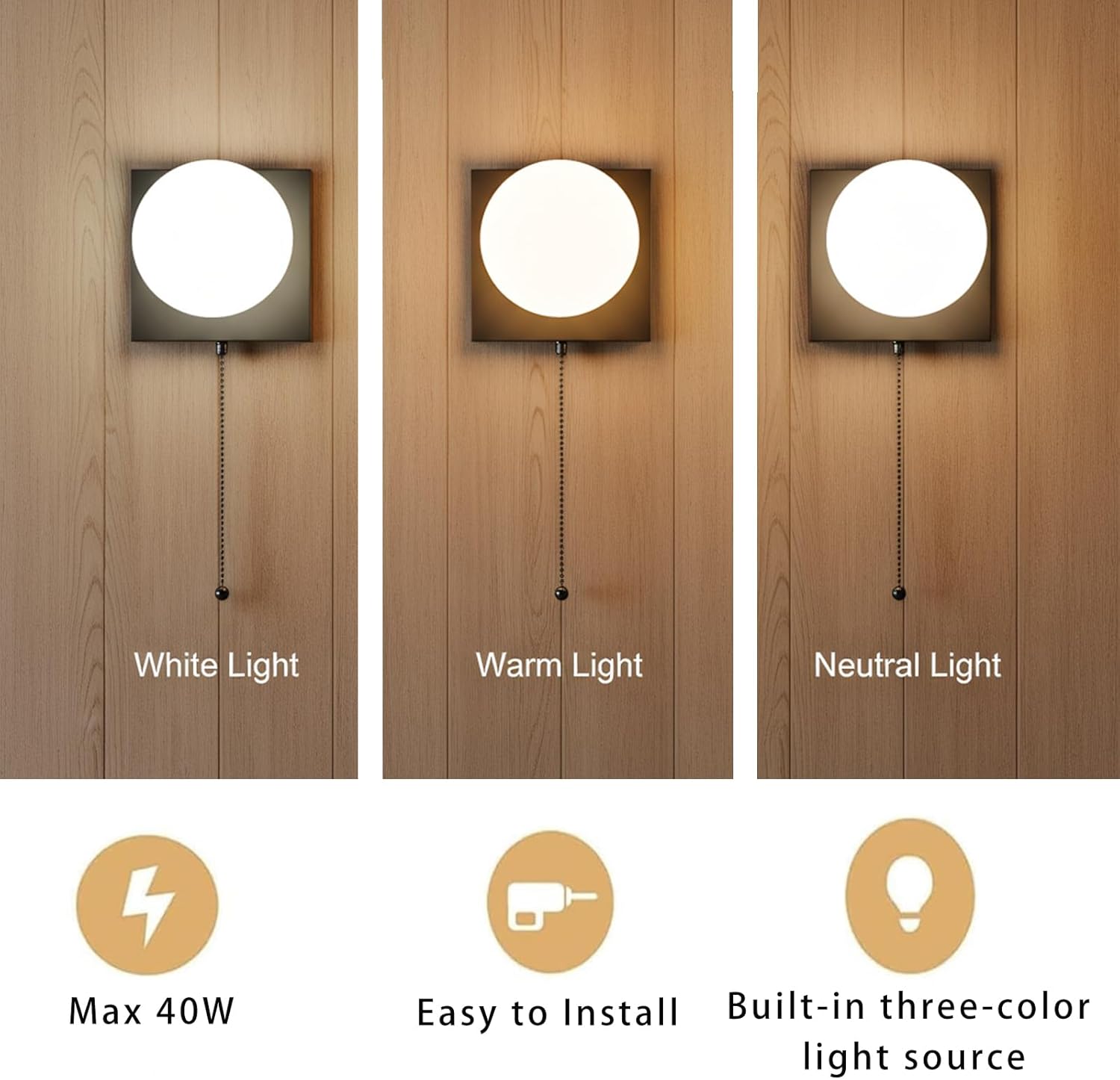 Pull Chain Wall Lamp, Black Wall Sconce with 3-Color Changing LED, Built-in Light Fixture for Hallway, Bedroom, Doorway