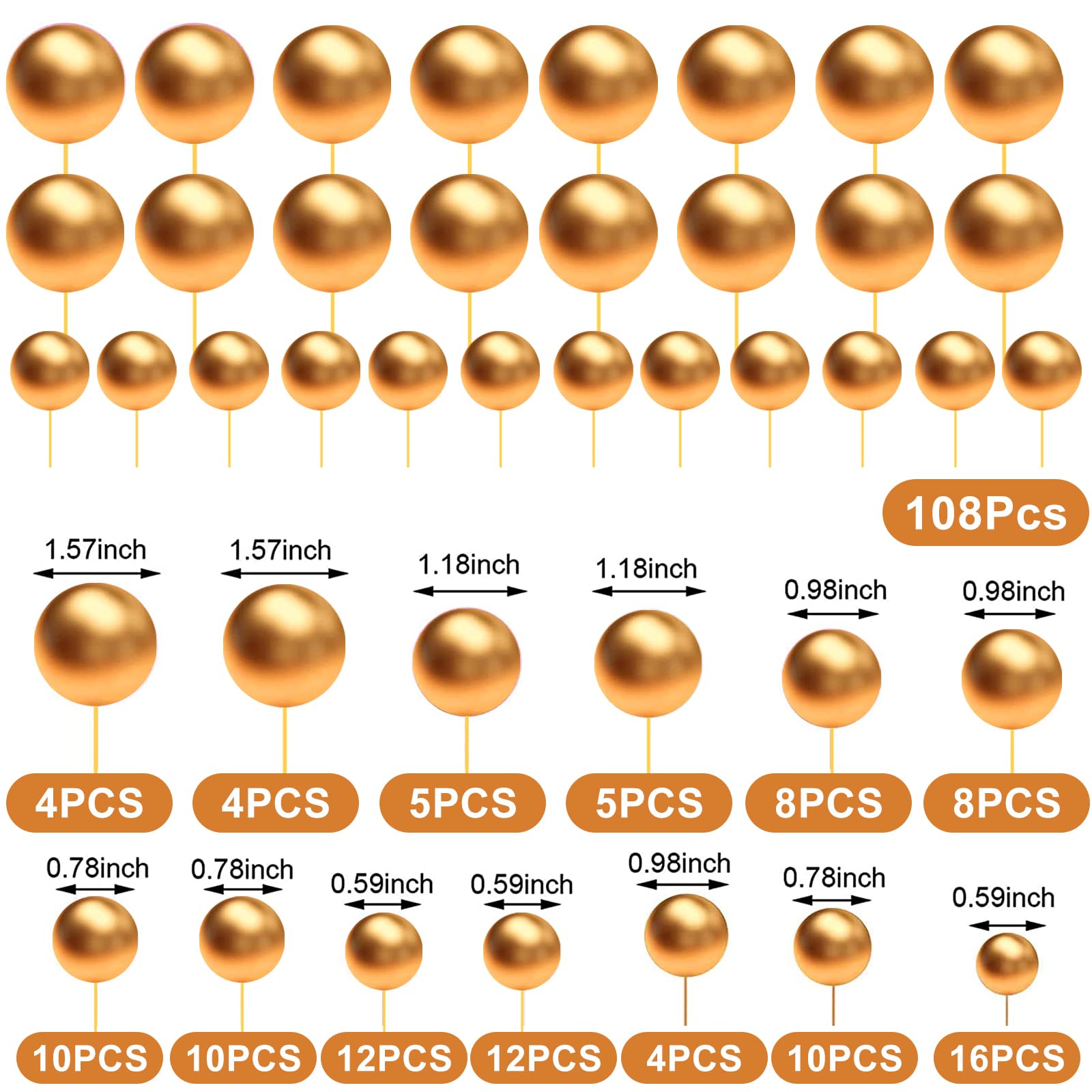 JIASHA 108 Pezzi Topper Torta Sfera in Schiuma,Mini Topper Torta Palloncino Cupcake Perle Balls Topper Foam Ball Torta Palloncino Cake Topper,per Anniversario,Matrimonio,Compleanno (Oro)