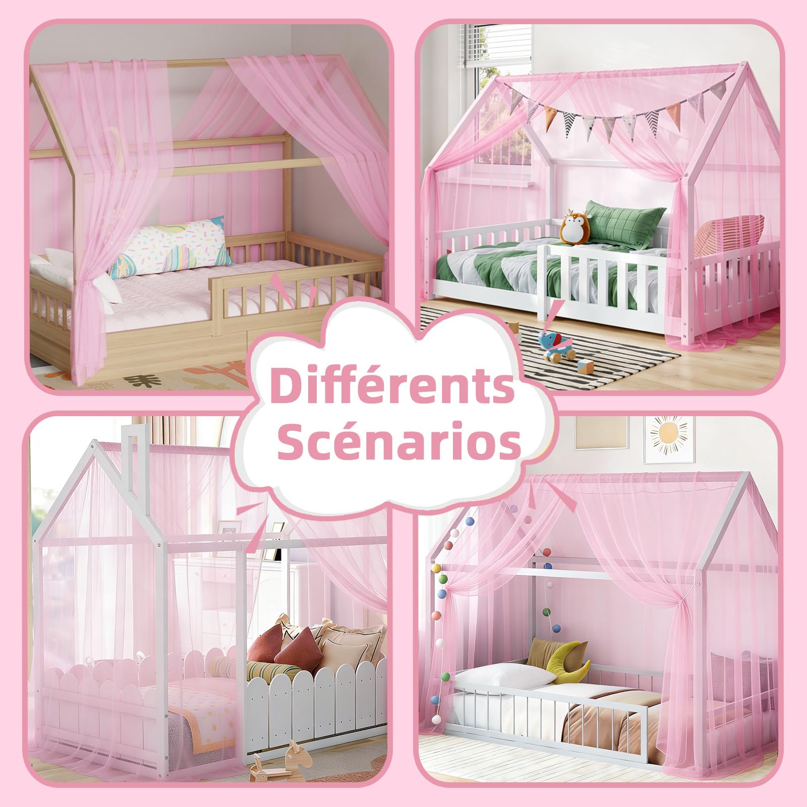 Ciel de lit cabane 2 pièces - Voilage en Forme de Tente 150x350 cm, Décoration Chambre Enfant Fille ou garçon (Rose)