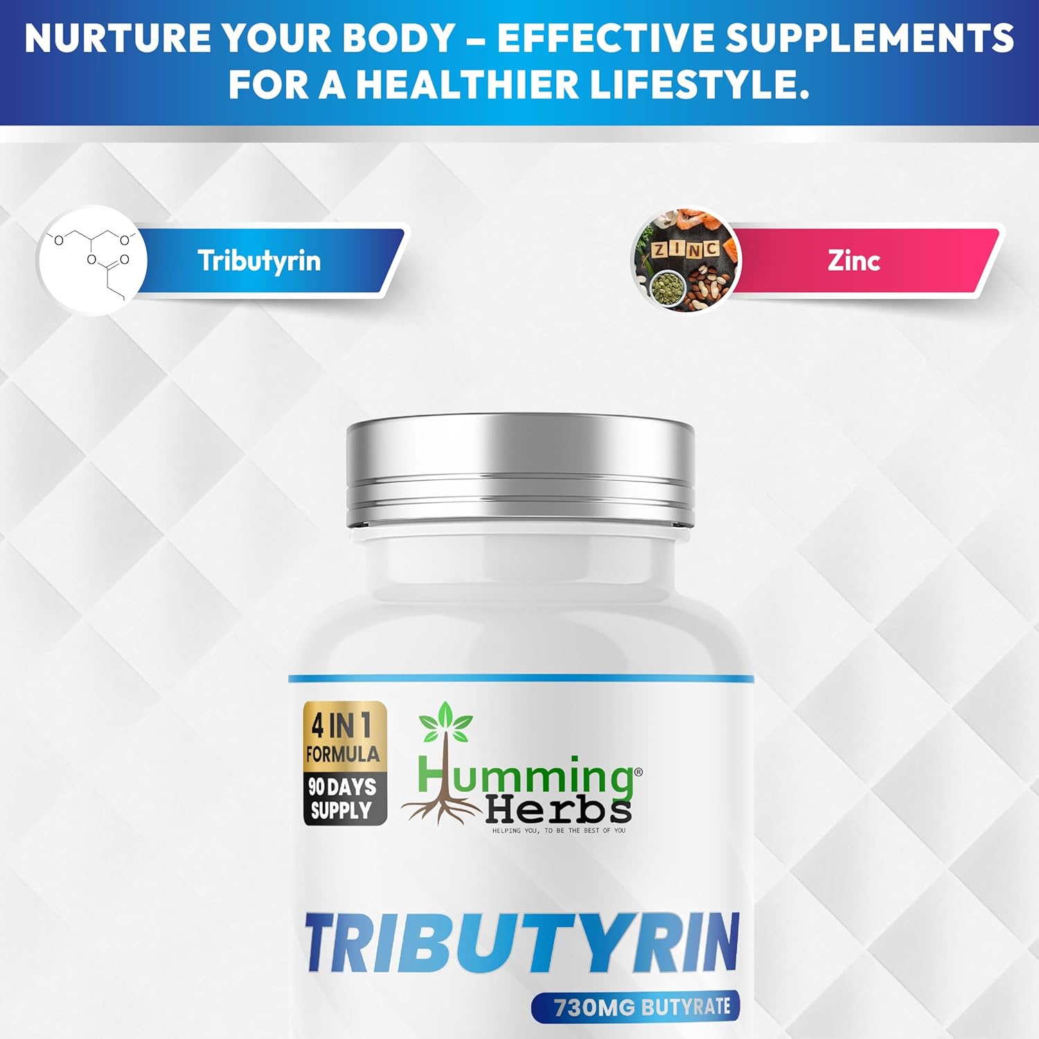Humming Herbs Tributyrin Complex — 850 mg per Serving (95% Pure, yielding 731 mg Butyrate) with L-Glutamine, Zinc L-Carnosine, FOS & Probiotic Blend (180)