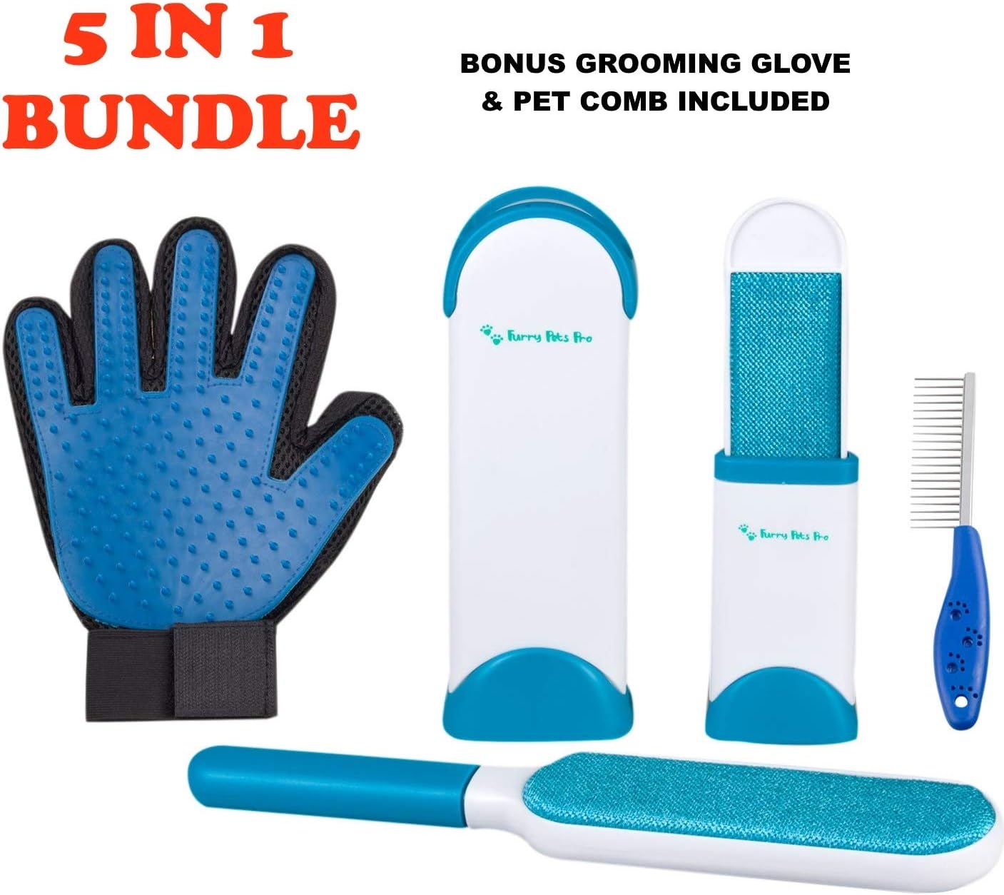 Pet Hair Remover Set, Fur & Lint Removal Brush with Self-Cleaning Base, Removes Dog & Cat Fur for Clothing, Furniture, Car Seats and More. Pet Grooming Glove & Groomer Comb Included