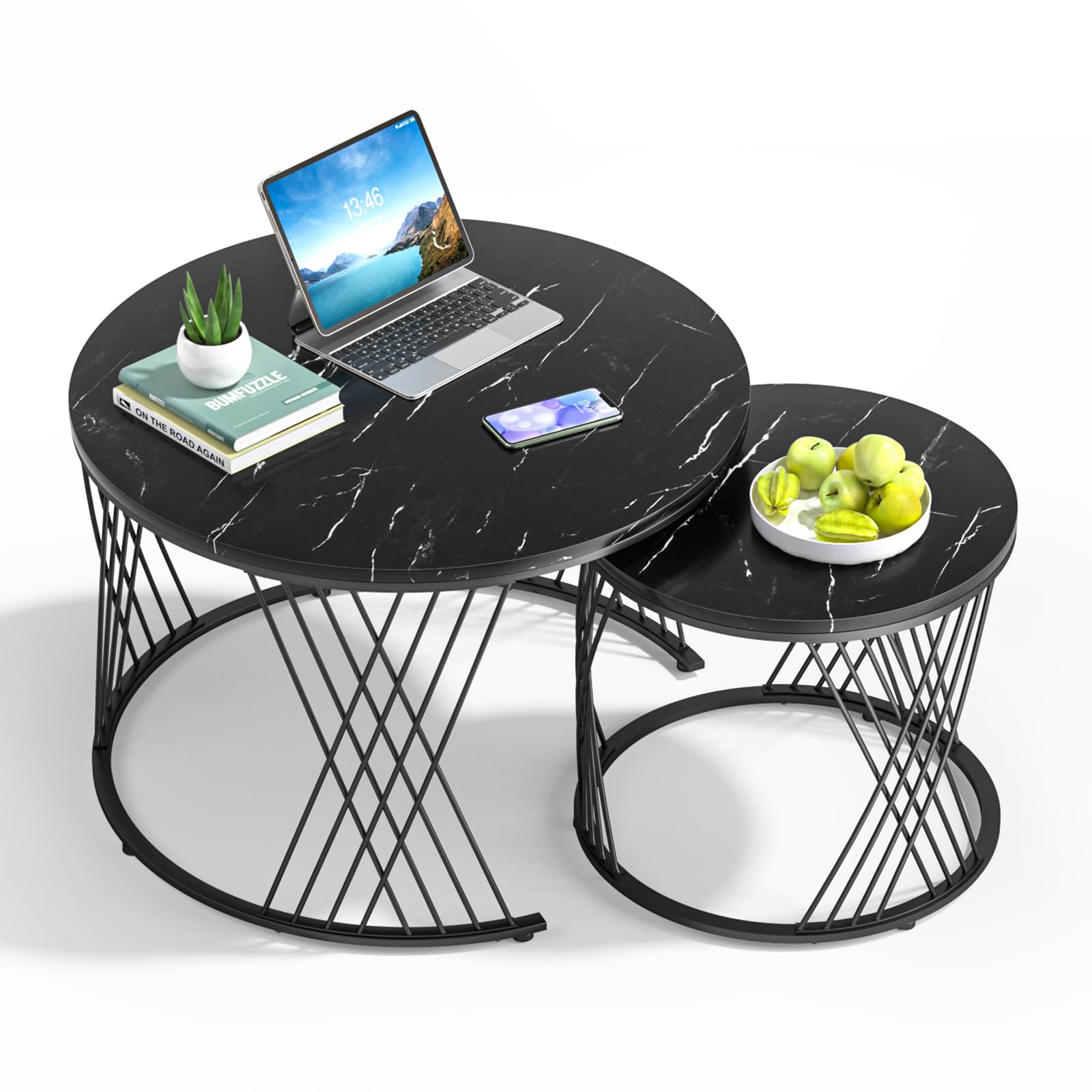 Juego de 2 mesas de Centro Redondas Nido 70/40 cm - Negro con Estructura de Metal Dorado, multifuncionales para salón, Dormitorio, Oficina o apartamento