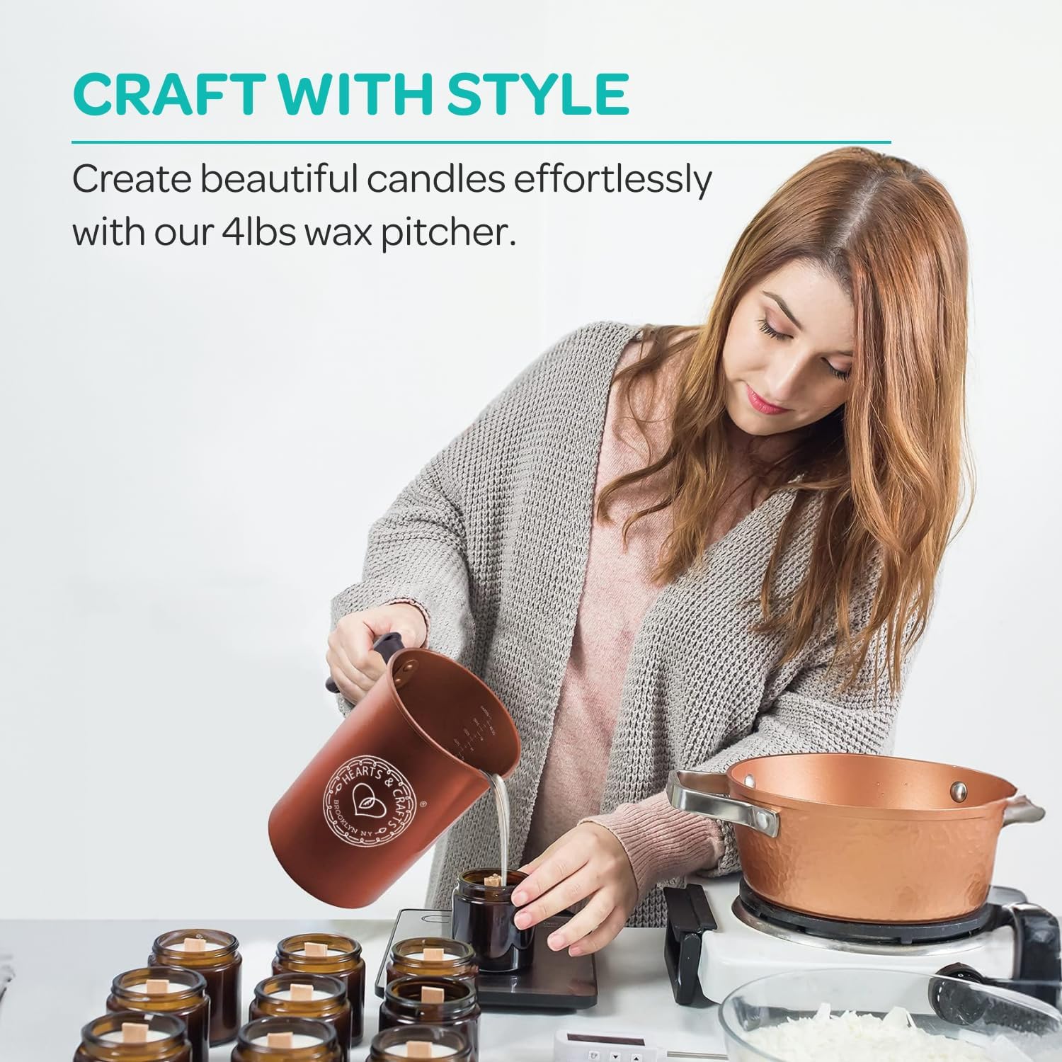 Hearts & Crafts Candle Pots, 64oz - Candle Wax Melting Pot - Aluminum Candle Making Pouring Pot for 4lb. Melted Wax, Copper Color - Best for Candles, Arts & Crafts, and More