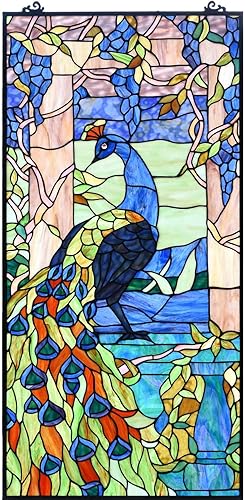 Miniatura 12 de Bieye W10034 Panel de ventana de vidrio manchado estilo Tiffany con forma de pluma de pavo real, colgante con cadena, 36 pulgadas de ancho