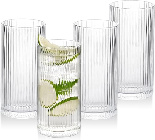 WHJY Juego de 4 vasos altos de cristal acanalados altos para uso diario, para cóctel, whisky, cerveza, jugo, 13 onzas