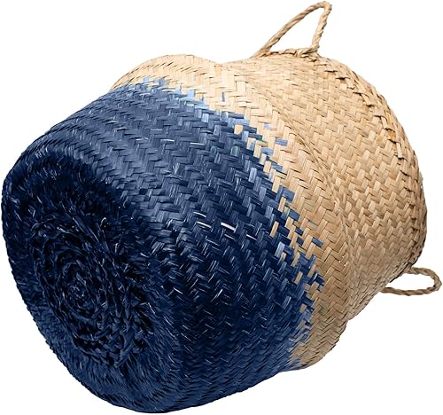 Miniatura 3 de Jolma's Cesta de hierba marina, 12.5 pulgadas tejida de mimbre para almacenamiento, picnic, lavandería, degradado azul índigo, pequeña