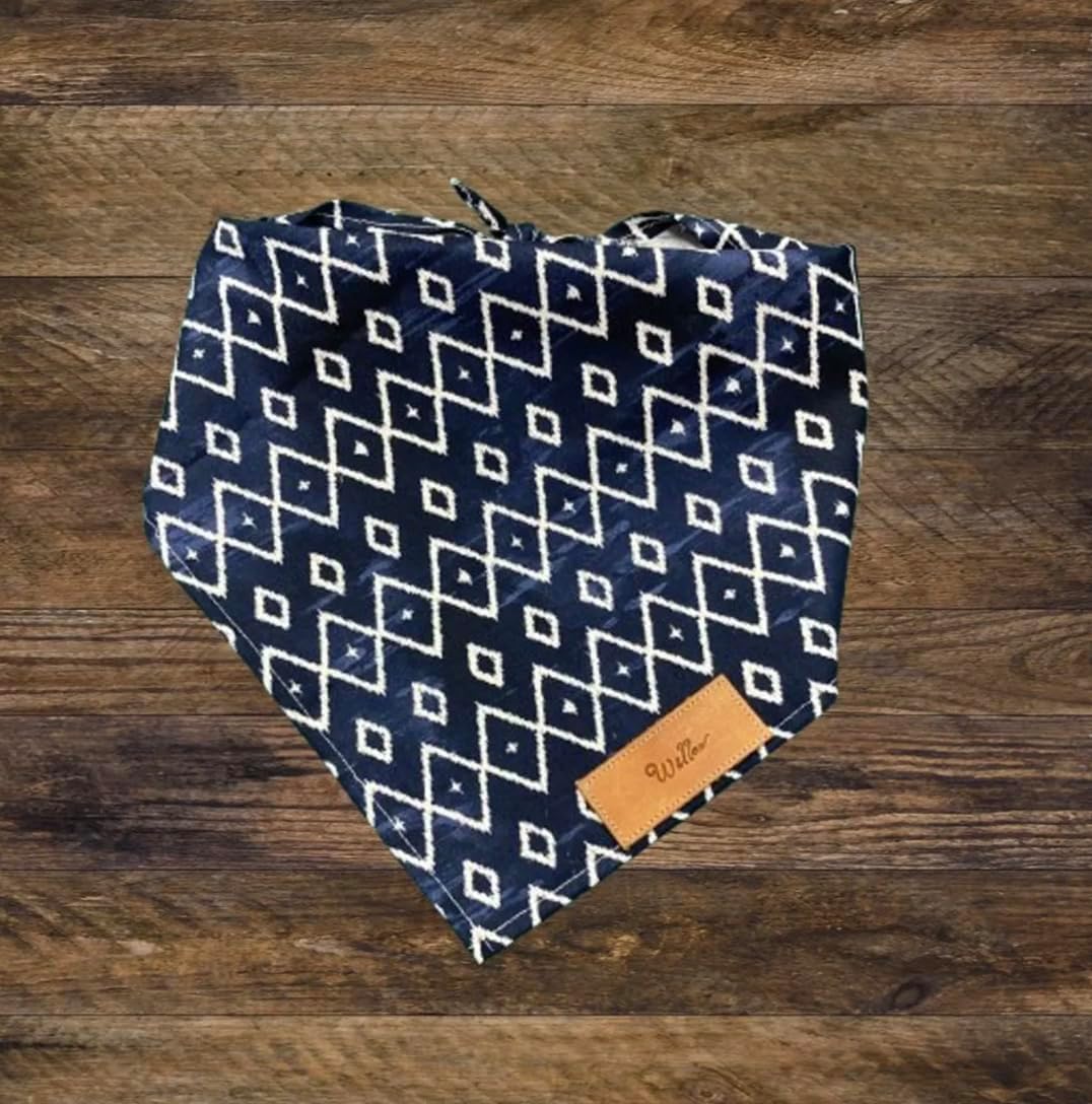 Personalized Dog Bandana, Aztec Blue and White, Stitched Leather Name Tag, Traditional Tie Back Design