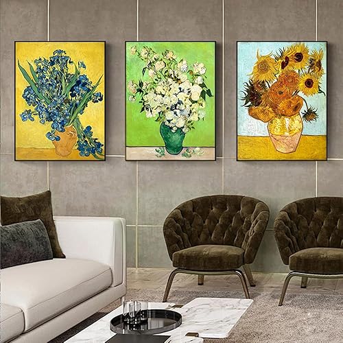 Miniatura 5 de ARTFEB 3 piezas de jarrón de flores, rosas, girasol, por Vincent Van Gogh, reproducción artística, lienzo giclée, arte de pared para decoración del