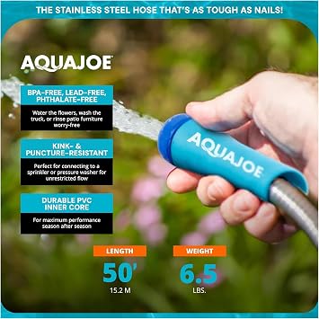 Aqua Joe 50-Foot Heavy Duty Garden Hose, Spiral 304 Stainless Steel Metal Hose, Puncture Proof, 1/2 Inch Diameter with Aluminum Fittings, AJSGH50