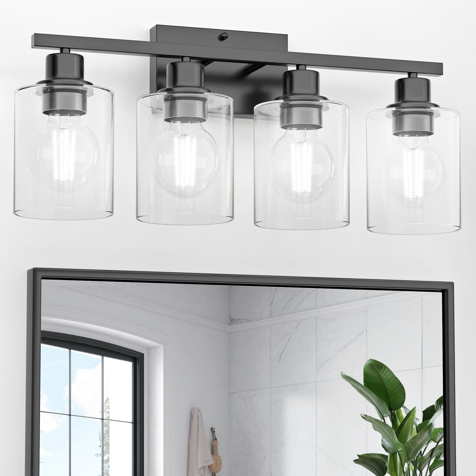 Bathroom Lights Over Mirror, 4-Light Black Vanity Light for Bathroom, 24Inches Anti-Rust Modern Wall Sconce, Standard E26 Base, Clear Glass Shades, Bulbs Not Included