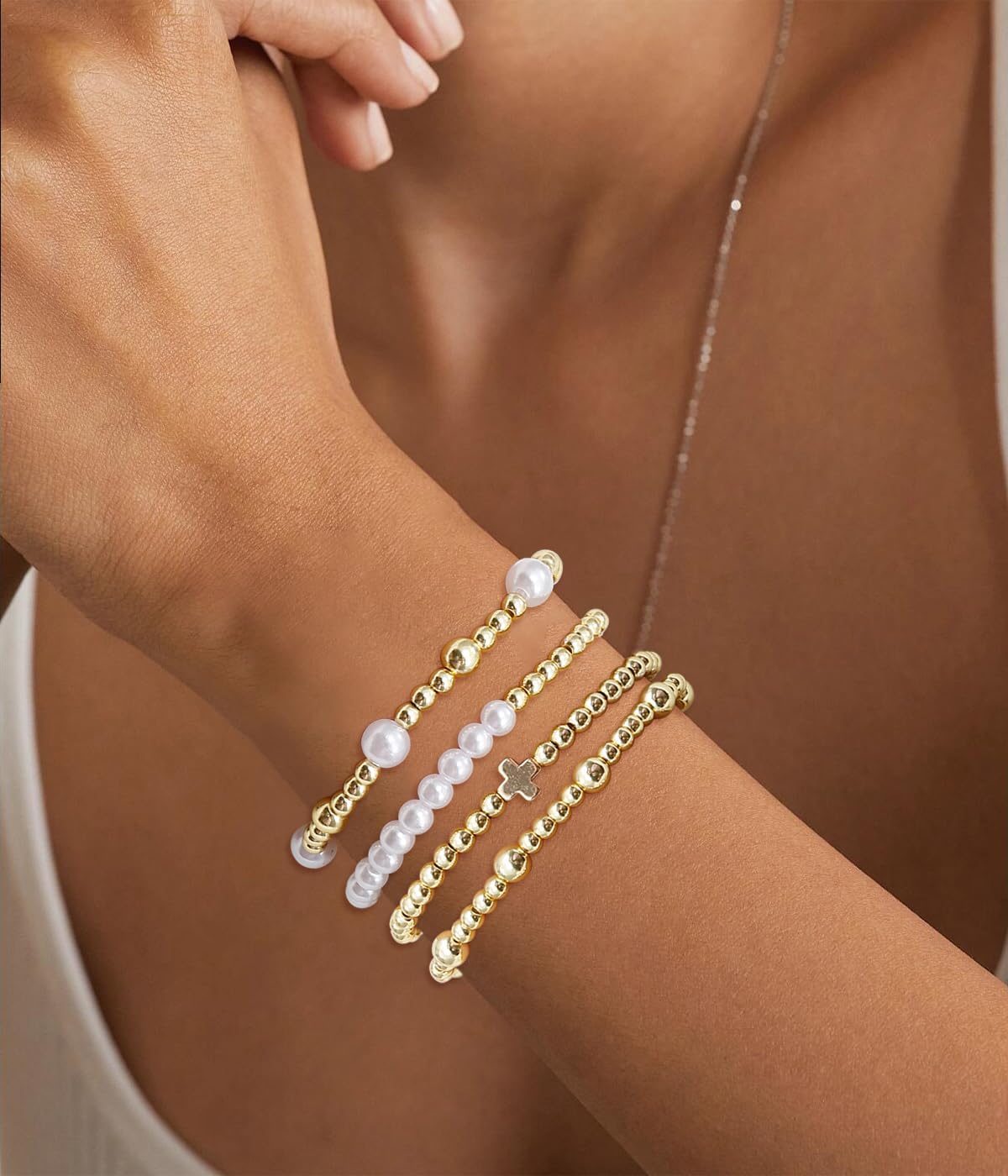 BOMAIL Gold Beaded Bracelets for Women Trendy Non Tarnish Gold Bracelet Stack 14K Gold Plated Pearl Bead Bracelets Cross Bracelets Set Stackable Stretch Beads Bracelet - Image 2