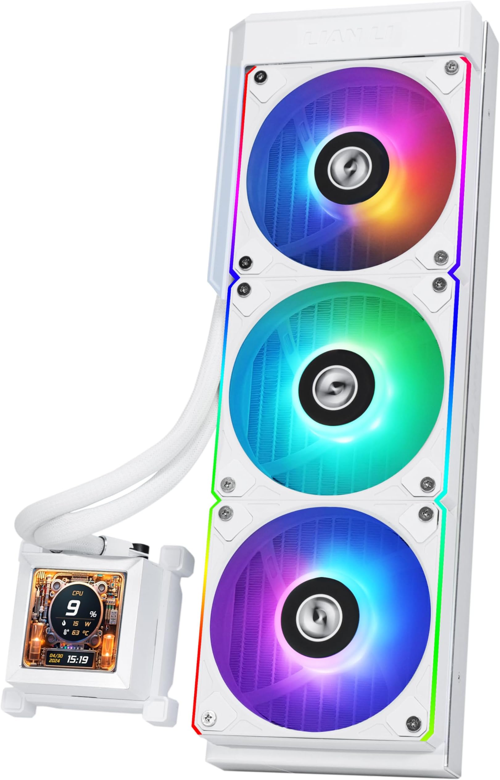 Lian Li Hydroshift 360 AIO - Pre-Installed 3 x ARGB Fans - Side-Mounted Coolant Pathway - 2.88โ LCD Screen - 480 ร 480 Resolution - Captured Screenshots or Recorded Videos - White (HSLCD36RW) | Pre-Installed 3 ARGB Fans, Side-Mounted Coolant Pathway, Capture Images, Recorded Videos, LGA 1851,1700, 1200, AM5, AM4