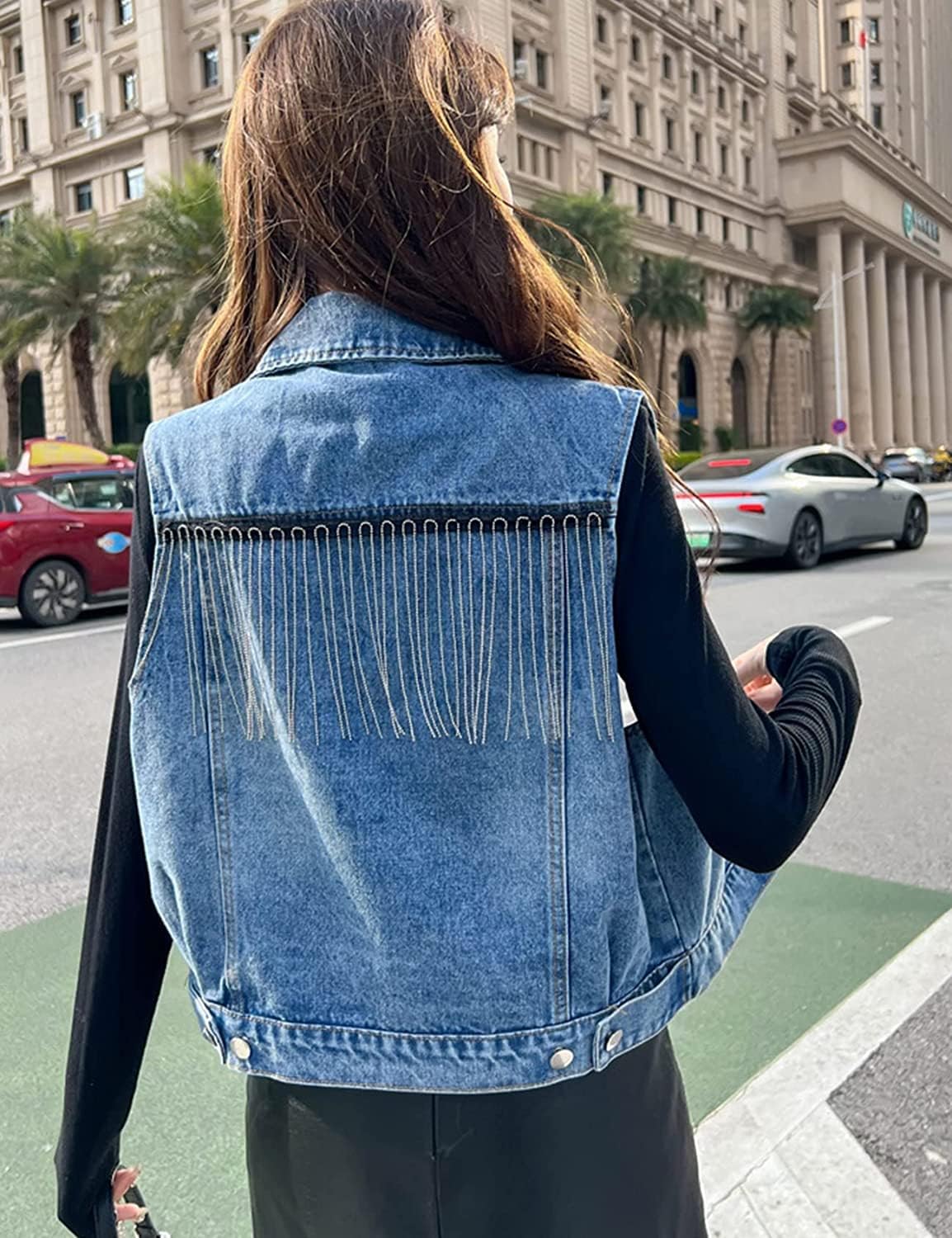 Lazutom Women's Sleeveless Fringe Tassel Denim Vest Button Down