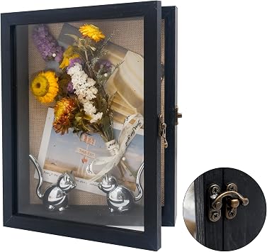 Shadow Box Frame 8x10, Wood Shadow Box Display Case with Glass Window Metal Lock, Memory Box for Memorabilia Awards Medals Photos Black