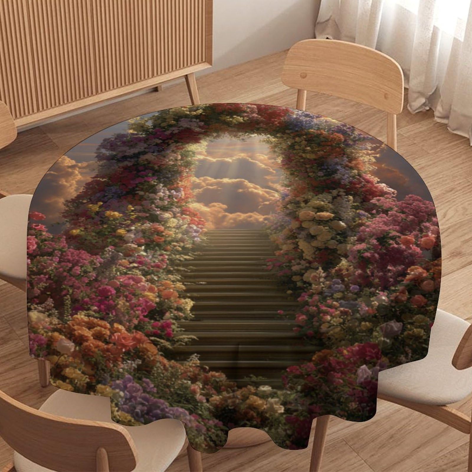 LUYYSKY Fantasy Aesthetic Castle Floral Arch Round Tablecloth Modern Vintage Spring Garden Flower Plant Print Washable Decor for Table Cover for Kitchen-177.8" Wx177.8 L cm
