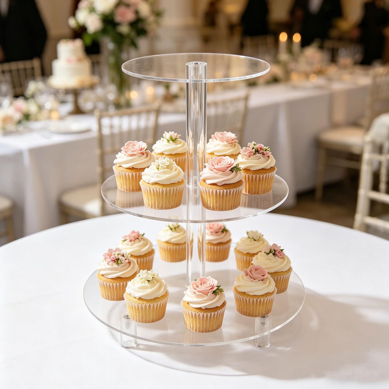 Présentoir à cupcakes en acrylique, présentoir rond à 3 étages pour gâteaux et cupcakes, idéal pour les mariages, les anniversaires et les fêtes à thème - 30 cm (12 pouces) de