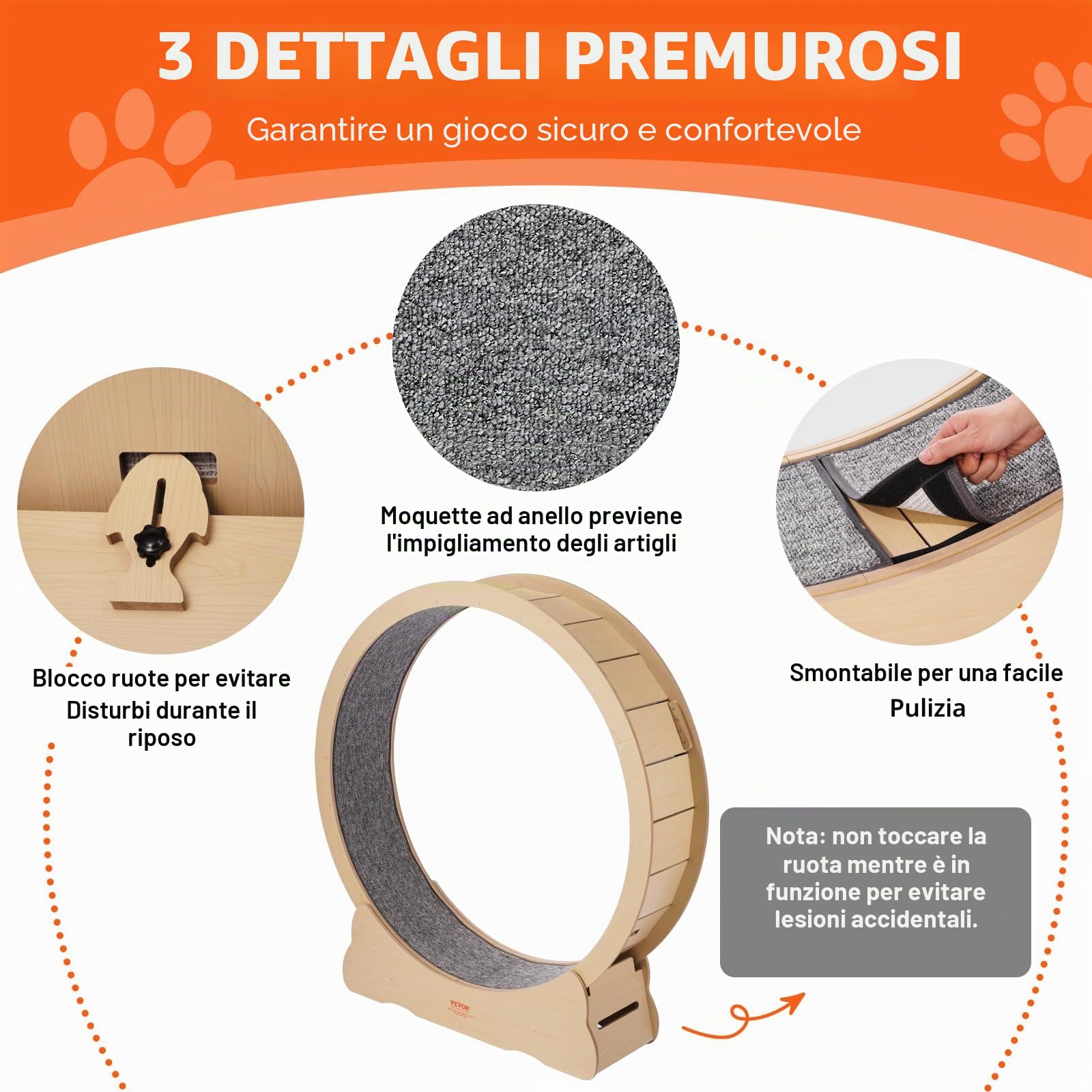 VEVOR Cyclette per gatto in Legno, Tapis Roulant Diametro 1320 mm, Ruota per Esercizi con Tappeto Rimovibile per gatto