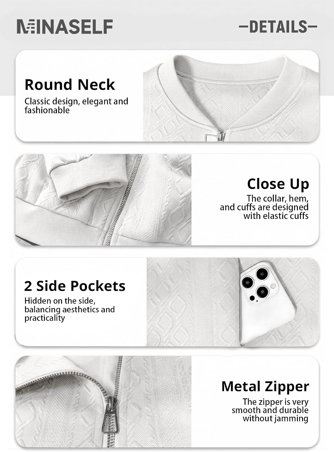 Mina Self 2026 Summer Women's Bomber Jacket - Zip Up Jacquard Textured Full-Lined Lightweight Work Casual Outerwear Pocket