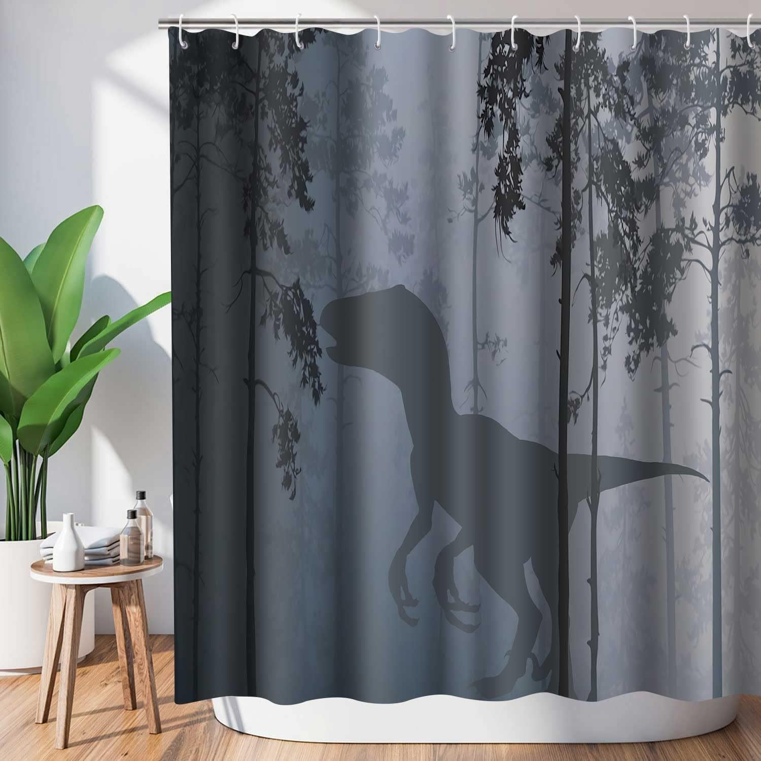 Dinosaur Shower Curtain Tyrannosaurus Rex Silhouette Bathroom Set with Hooks Jurassic Raptor Dino Animal Decor Curtains for Kids Boy Men Grey Novelty Cute Bath Accessories 72x72 Inch YLYYNT2694